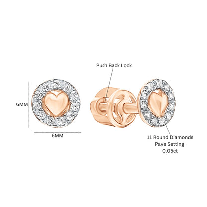 14k Solid Gold Pave Diamond Heart Coin Studs | Round Vintage-Inspired Earrings with Plain Center Heart | Gift for Her cushionblue