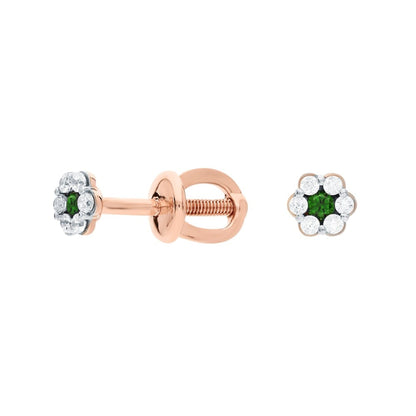 14k Gold Six Petal Diamond and Emerald Flower Stud Earrings | Delicate Floral Studs | Women's Jewelry Birthday Gift. Cushionblue