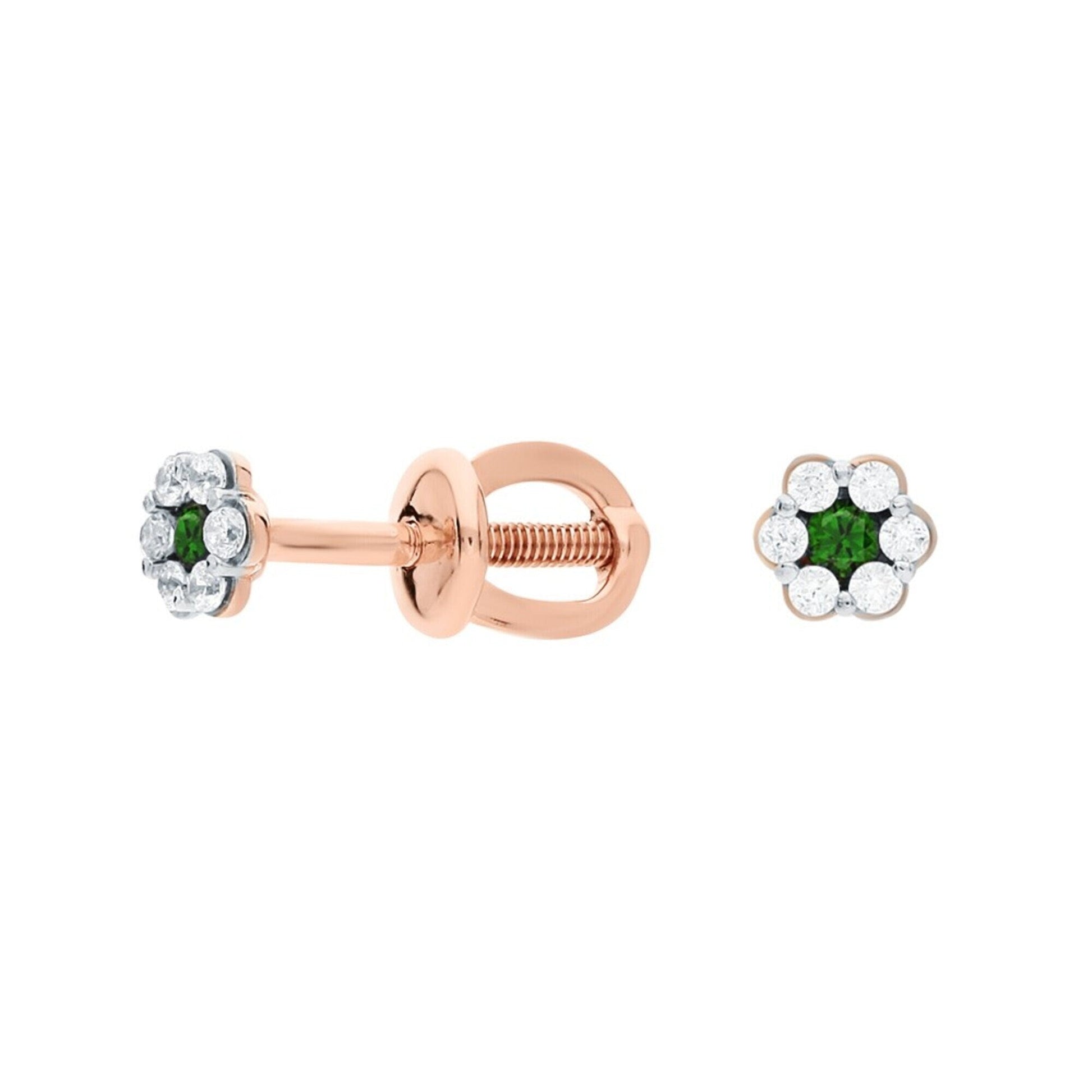 Solid Gold Diamond And Emerald Flower Stud Earrings | Six Petal Floral Studs For Women | Delicate Gift Jewelry. Cushionblue
