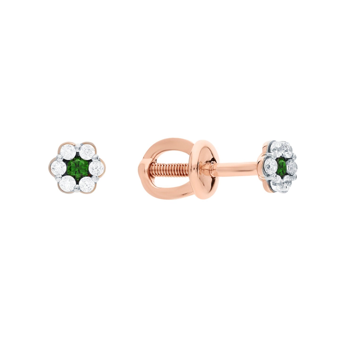 14k Gold Six Petal Diamond and Emerald Flower Stud Earrings | Delicate Floral Studs | Women's Jewelry Birthday Gift. Cushionblue