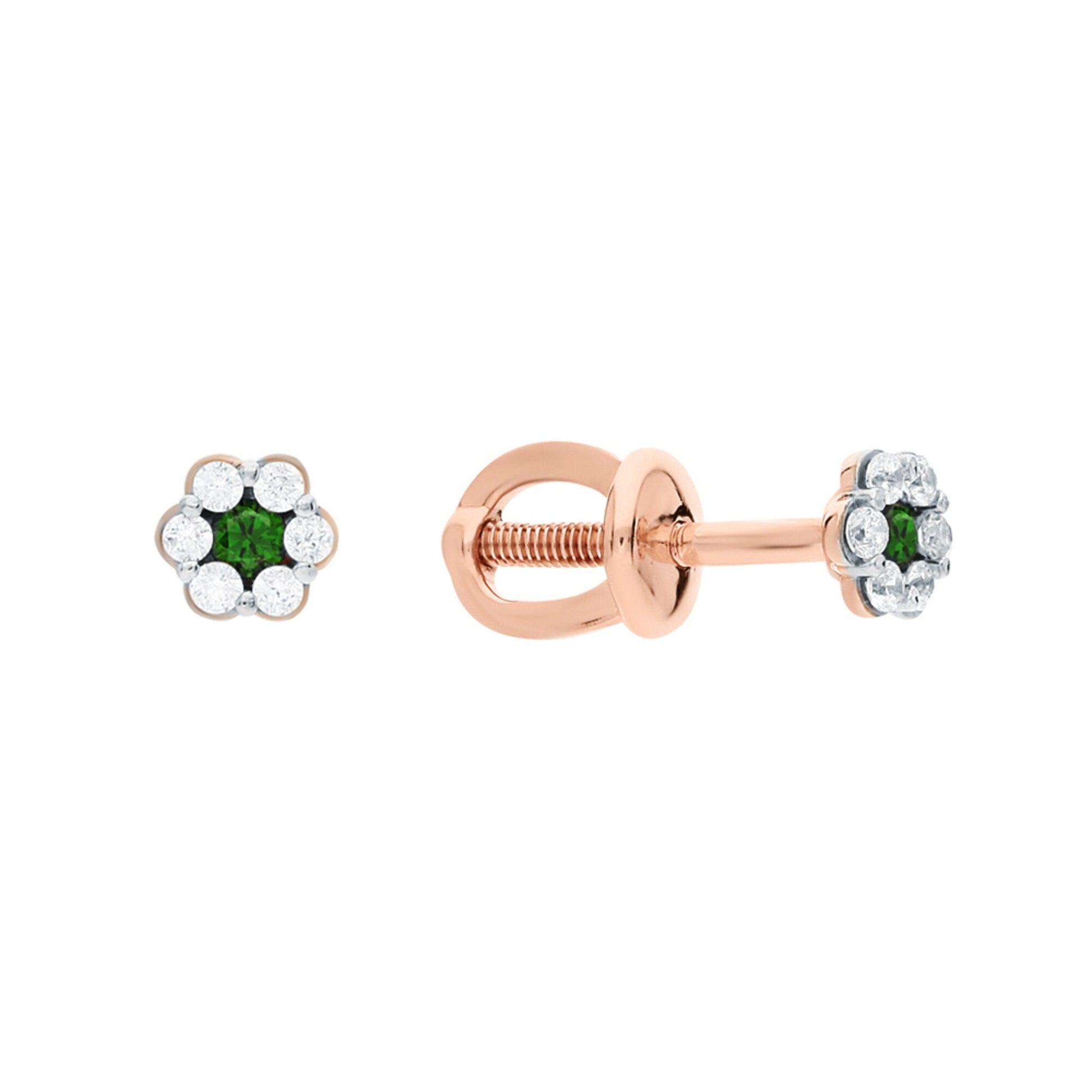 Solid Gold Diamond And Emerald Flower Stud Earrings | Six Petal Floral Studs For Women | Delicate Gift Jewelry. Cushionblue