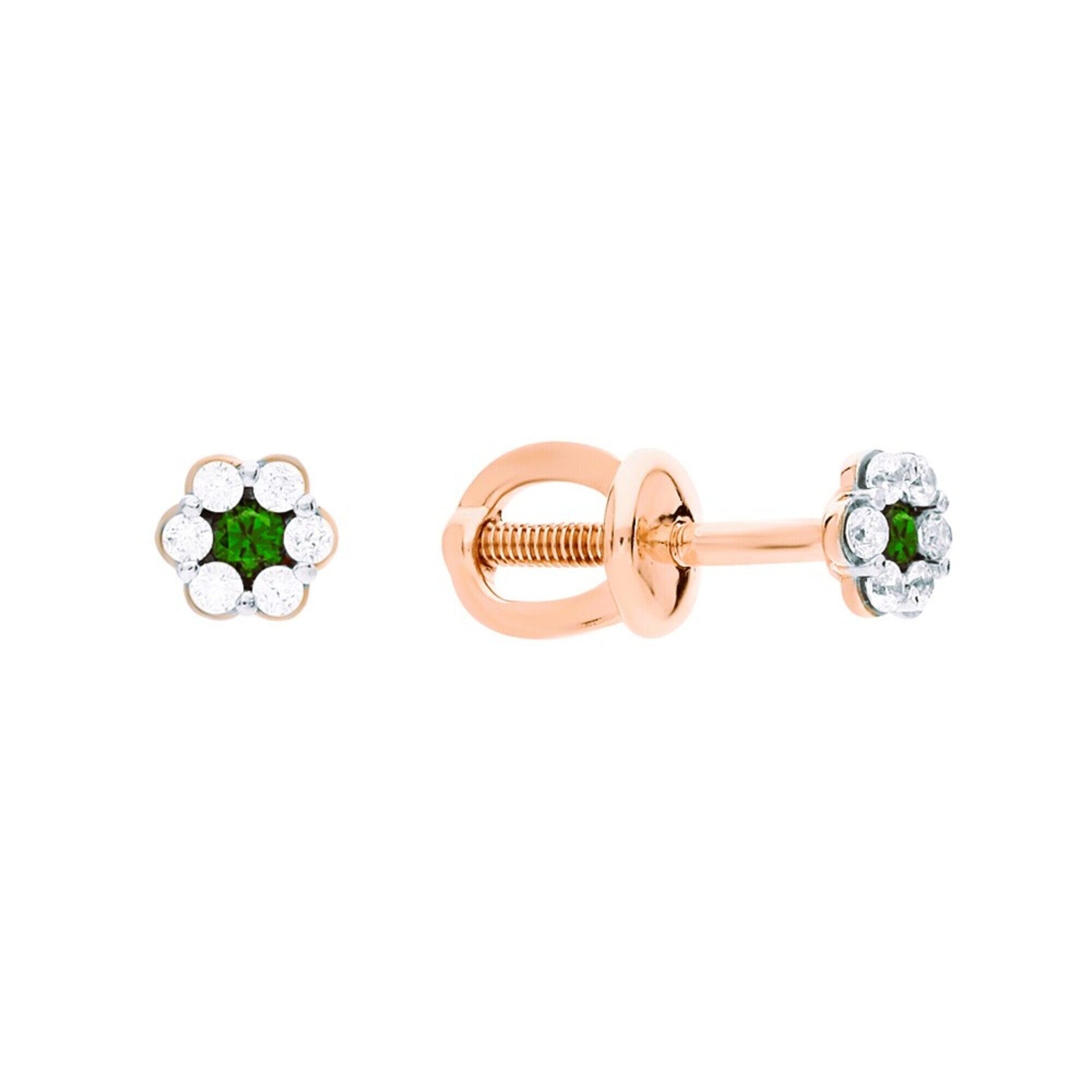 Solid Gold Diamond And Emerald Flower Stud Earrings | Six Petal Floral Studs For Women | Delicate Gift Jewelry. Cushionblue