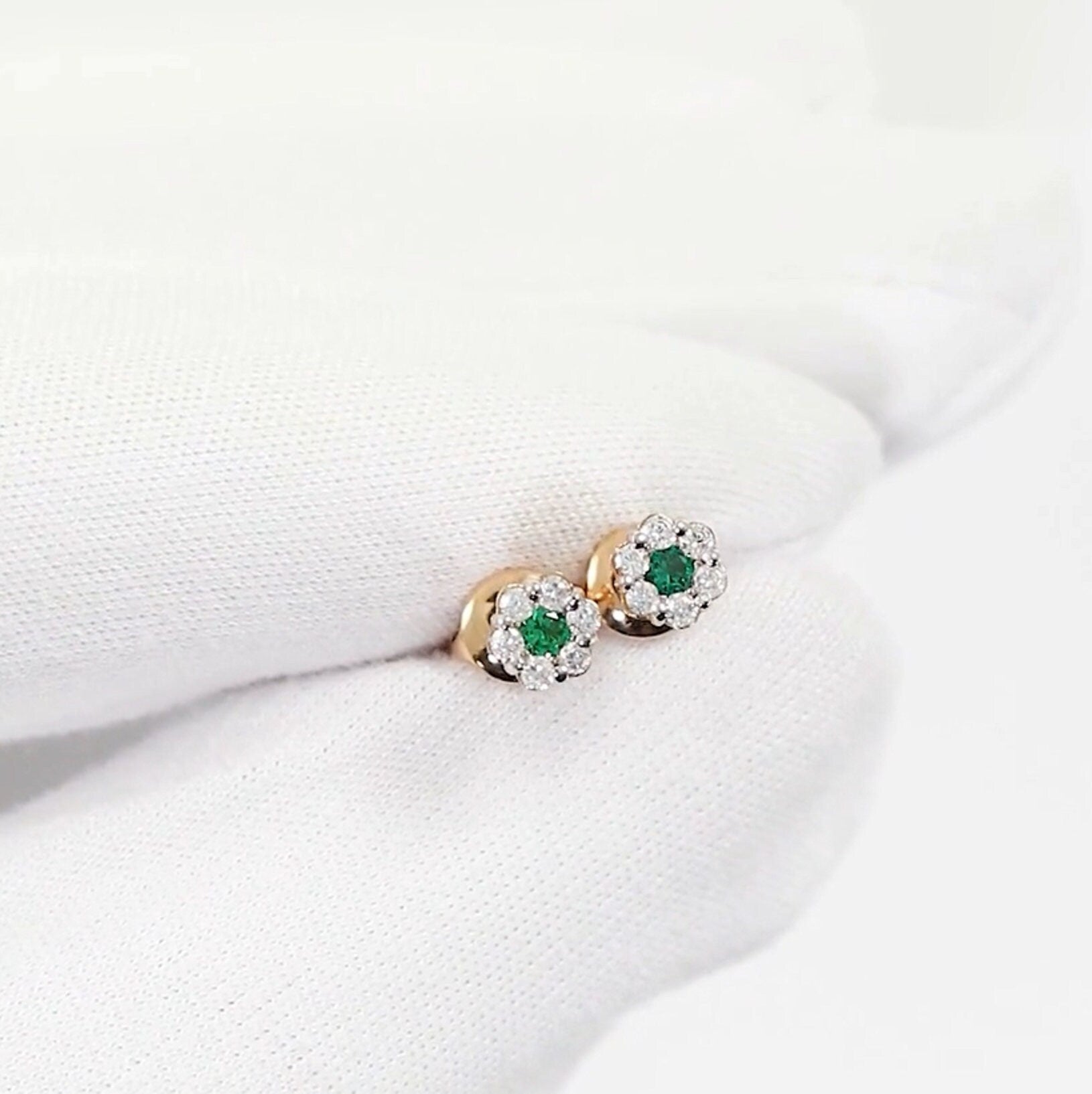 Solid Gold Diamond And Emerald Flower Stud Earrings | Six Petal Floral Studs For Women | Delicate Gift Jewelry. Cushionblue