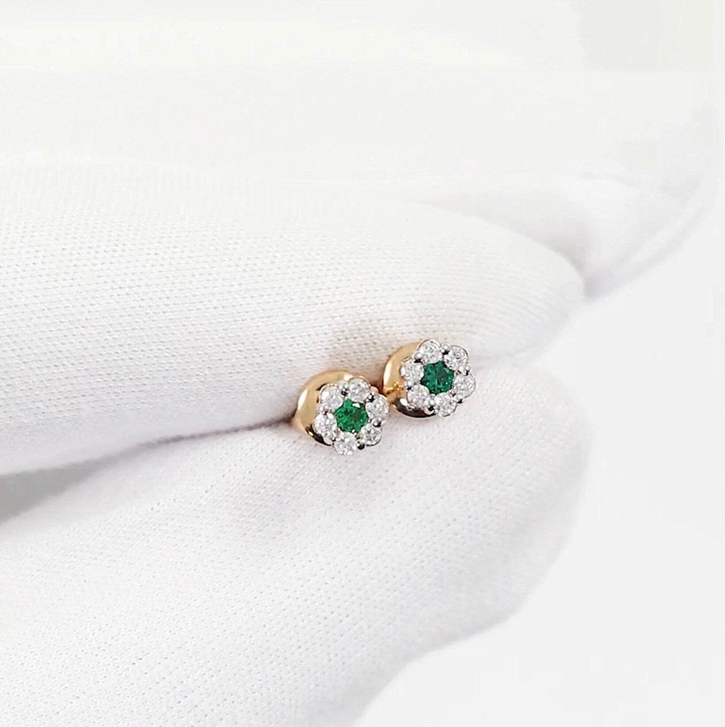 Solid Gold Diamond And Emerald Flower Stud Earrings | Six Petal Floral Studs For Women | Delicate Gift Jewelry. Cushionblue
