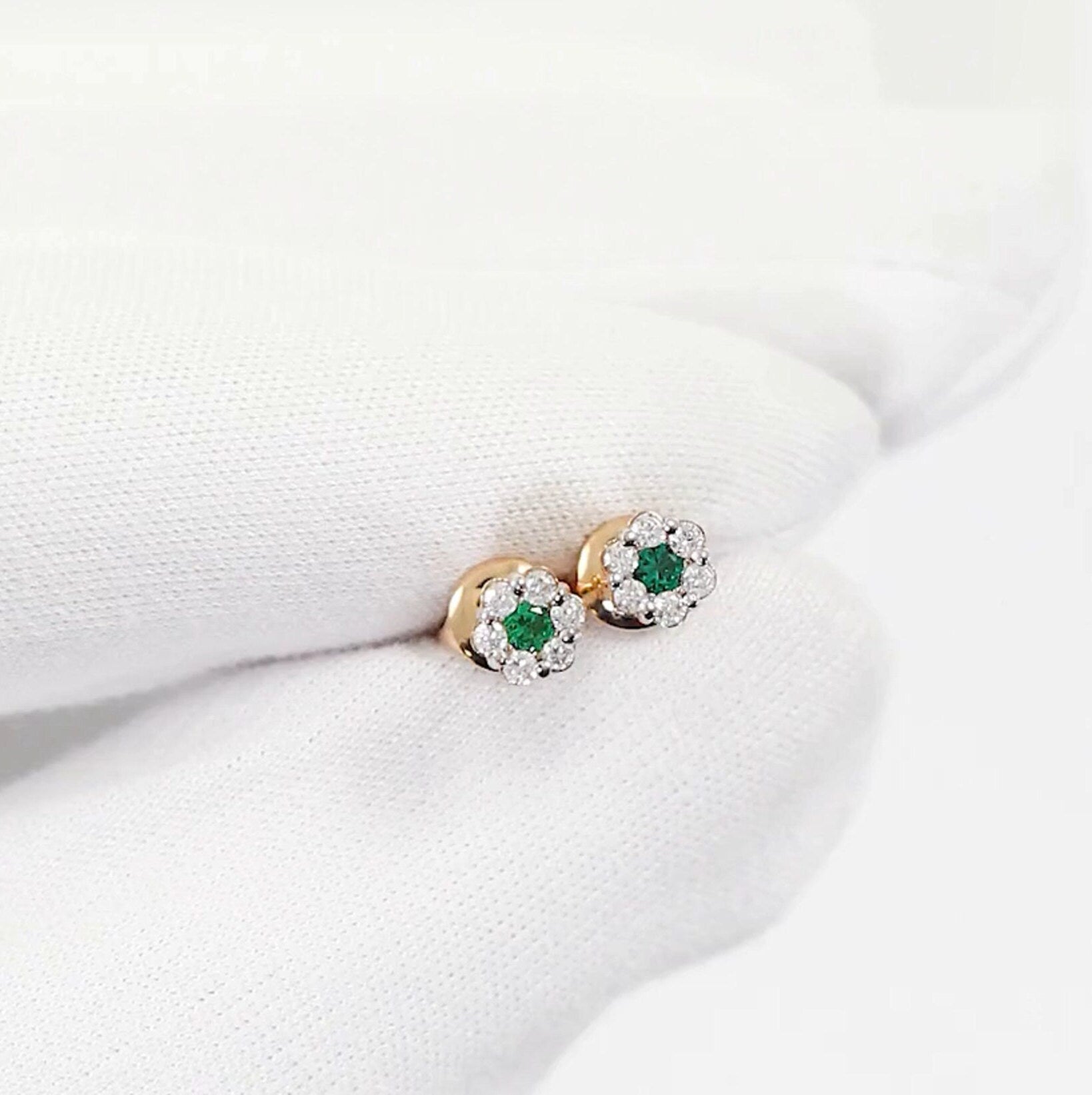 Solid Gold Diamond And Emerald Flower Stud Earrings | Six Petal Floral Studs For Women | Delicate Gift Jewelry. Cushionblue