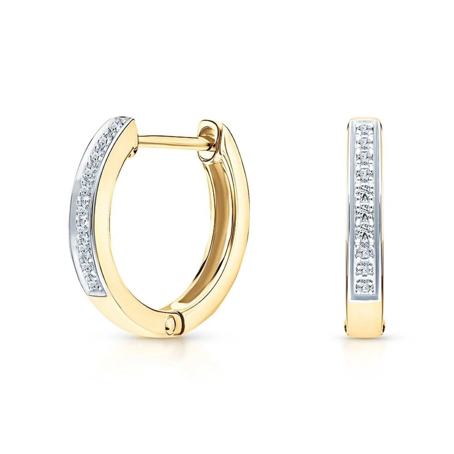 14k Gold 14mm Diamond Huggie Hoop Earring | Half Pave Diamond Hoop | Minimalist Gold Earring Gift for Women. Cushionblue