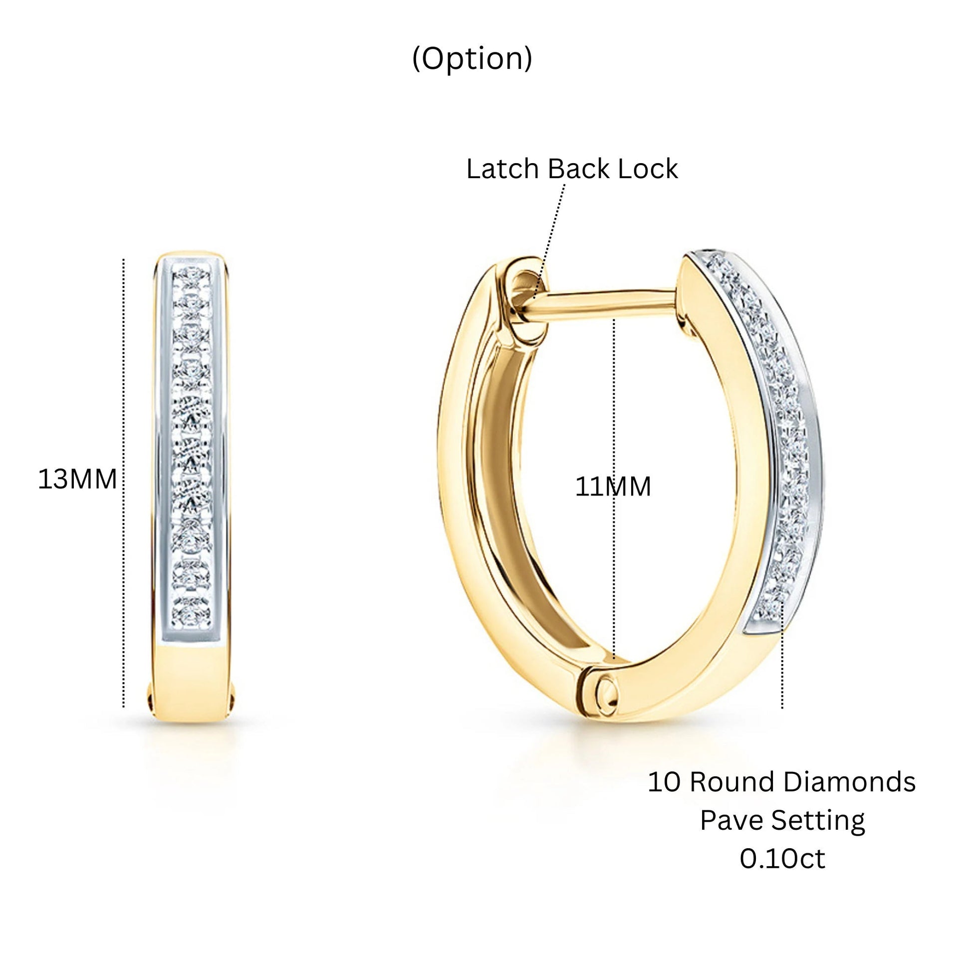 14k Gold 14mm Diamond Huggie Hoop Earring | Half Pave Diamond Hoop | Minimalist Gold Earring Gift for Women. Cushionblue