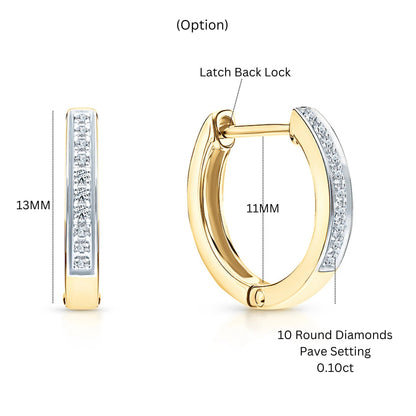 14k Gold 14mm Diamond Huggie Hoop Earring | Half Pave Diamond Hoop | Minimalist Gold Earring Gift for Women. Cushionblue