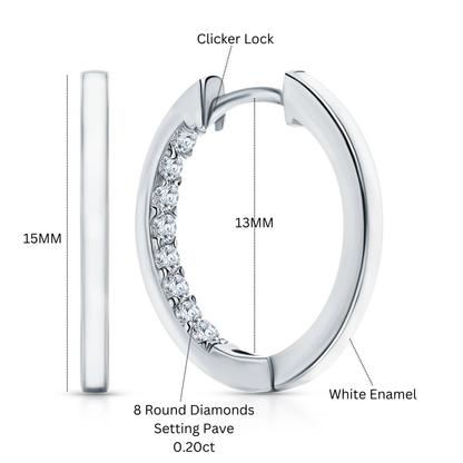 14k Gold Half String Hoop,Enamel Diamond Huggies Hoop Earrings,Pave Diamonds Hoops. Cushionblue