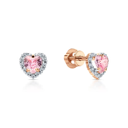 14K Gold Heart Stud Earrings Heart Pink Halo Diamond Earrings. Cushionblue