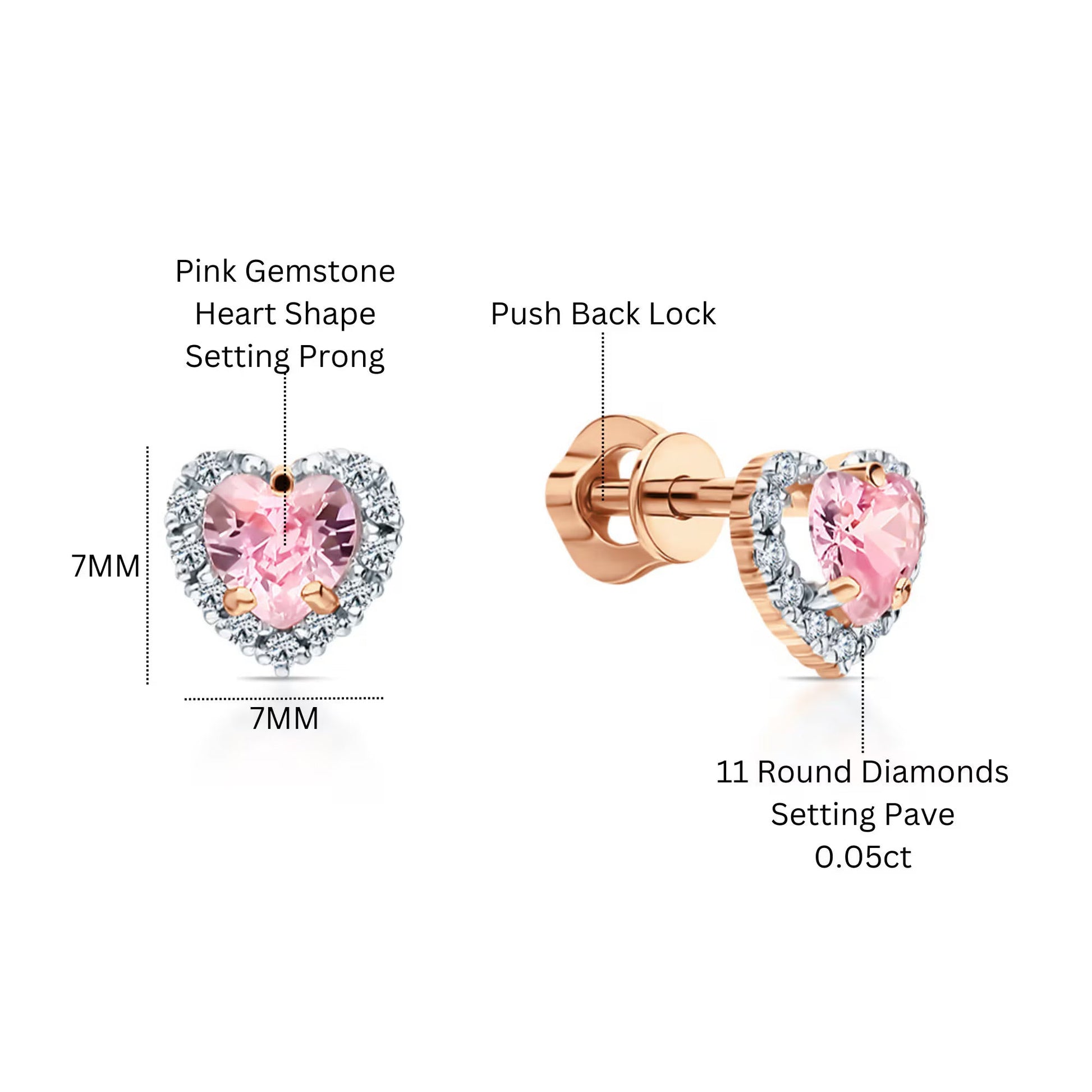14K Gold Heart Stud Earrings Heart Pink Halo Diamond Earrings. Cushionblue