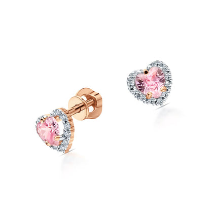 14K Gold Heart Stud Earrings Heart Pink Halo Diamond Earrings. Cushionblue