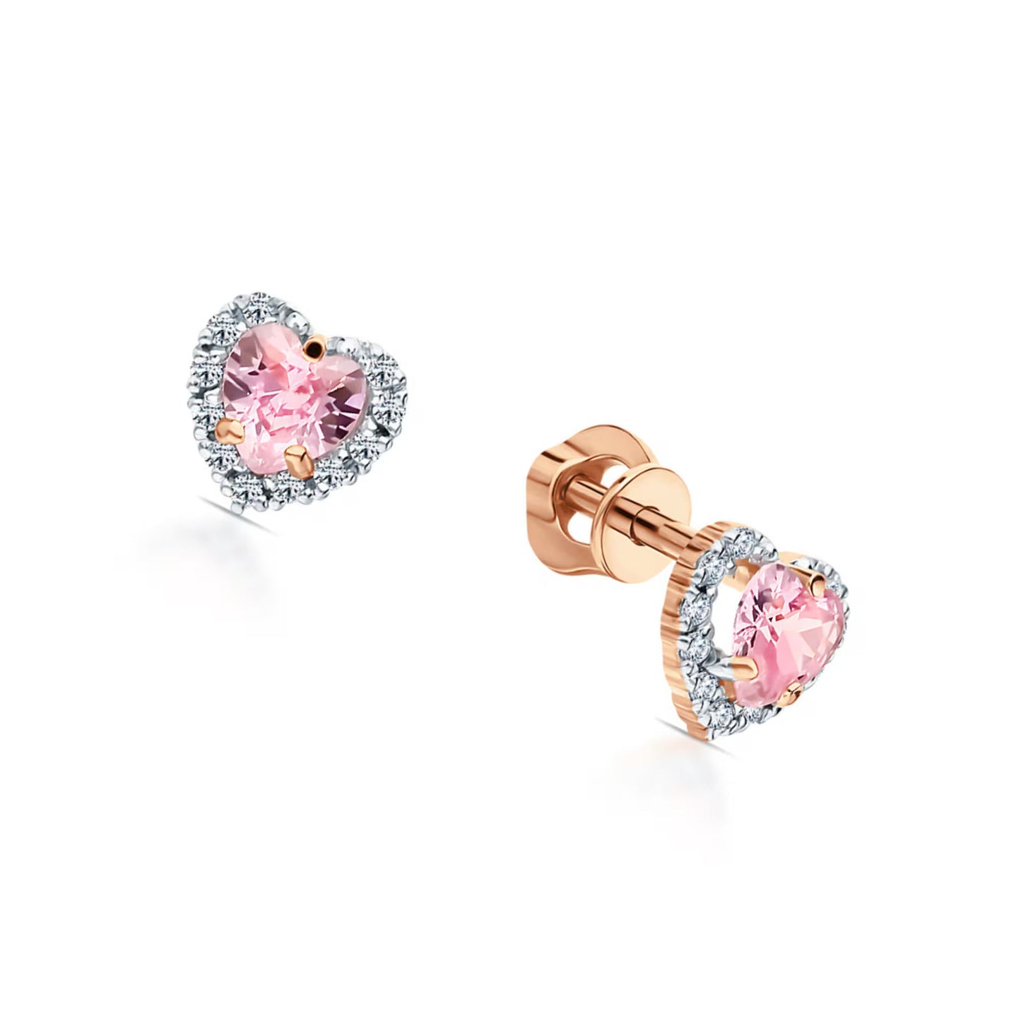 14K Gold Heart Stud Earrings Heart Pink Halo Diamond Earrings. Cushionblue
