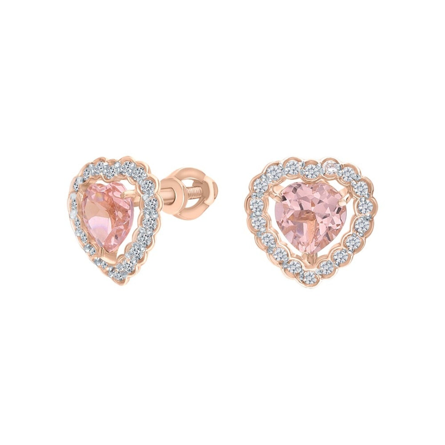 14k Gold Pink Morganite Earring Heart Morganite Halo Diamond Stud. Cushionblue