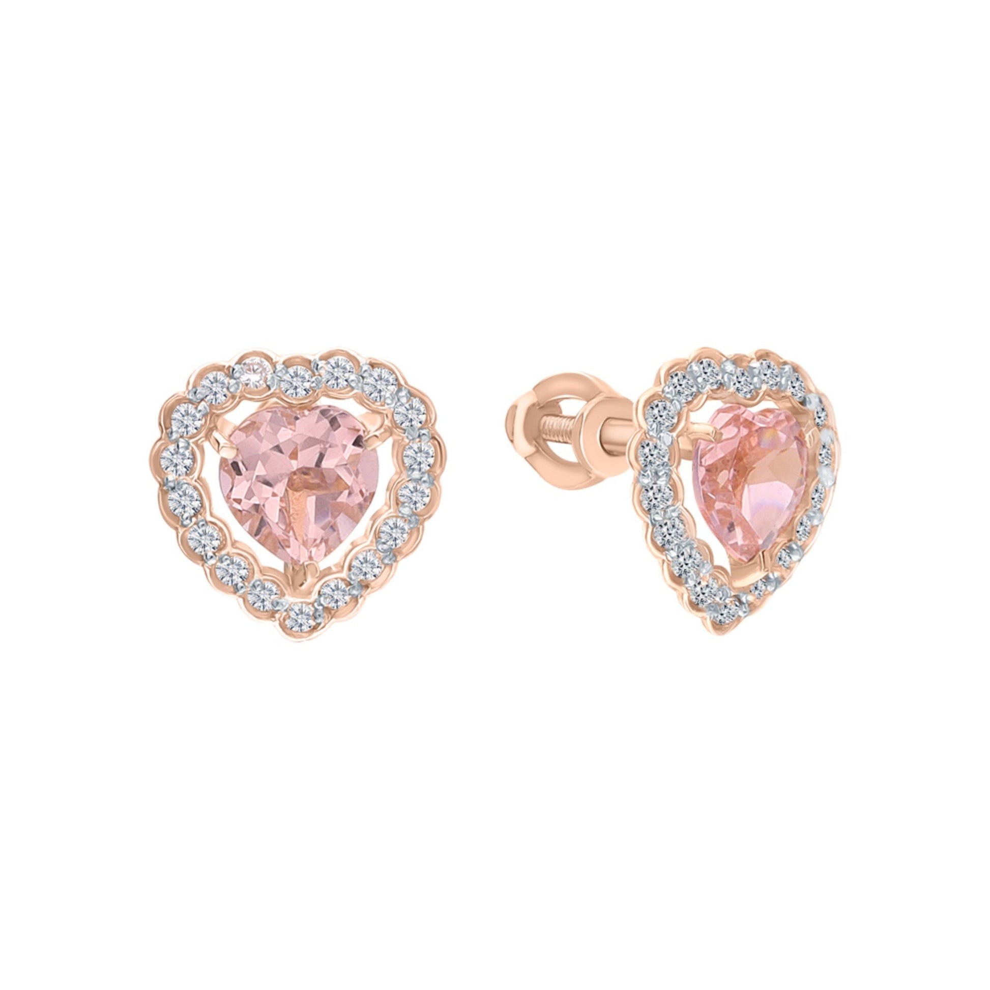 14k Gold Pink Morganite Earring Heart Morganite Halo Diamond Stud. Cushionblue