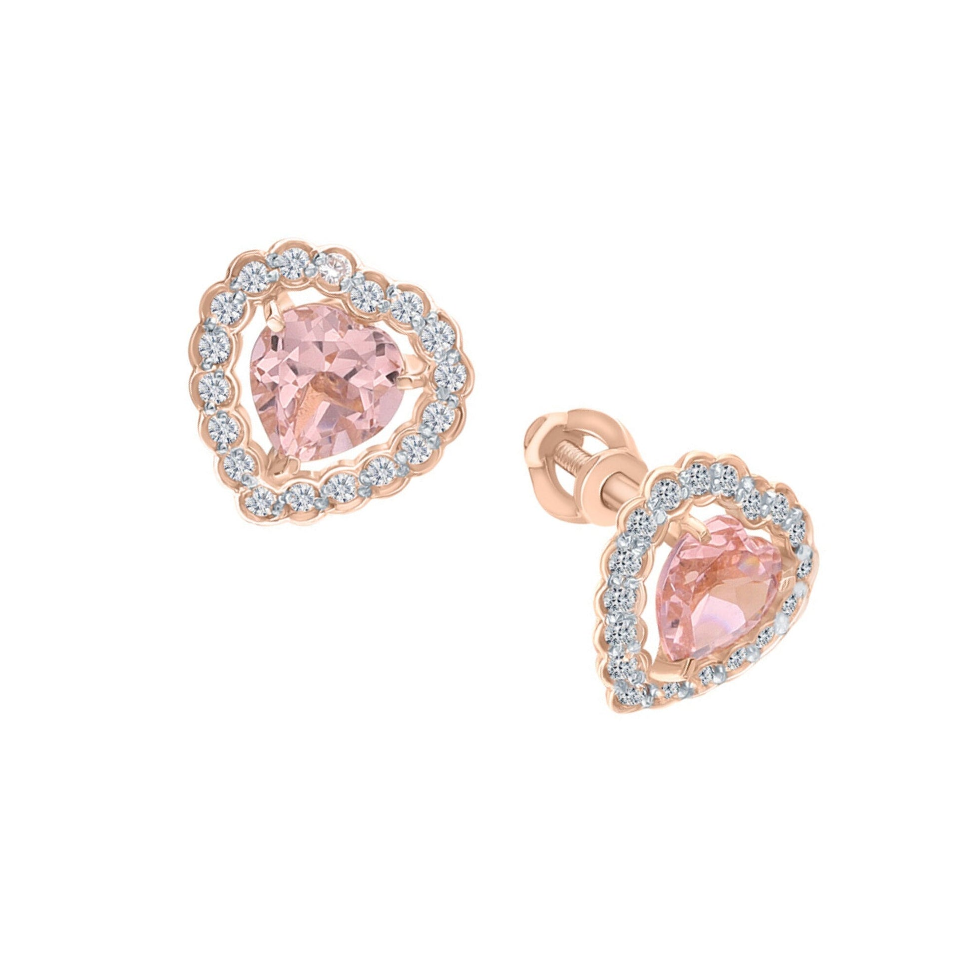 14k Gold Pink Morganite Earring Heart Morganite Halo Diamond Stud. Cushionblue