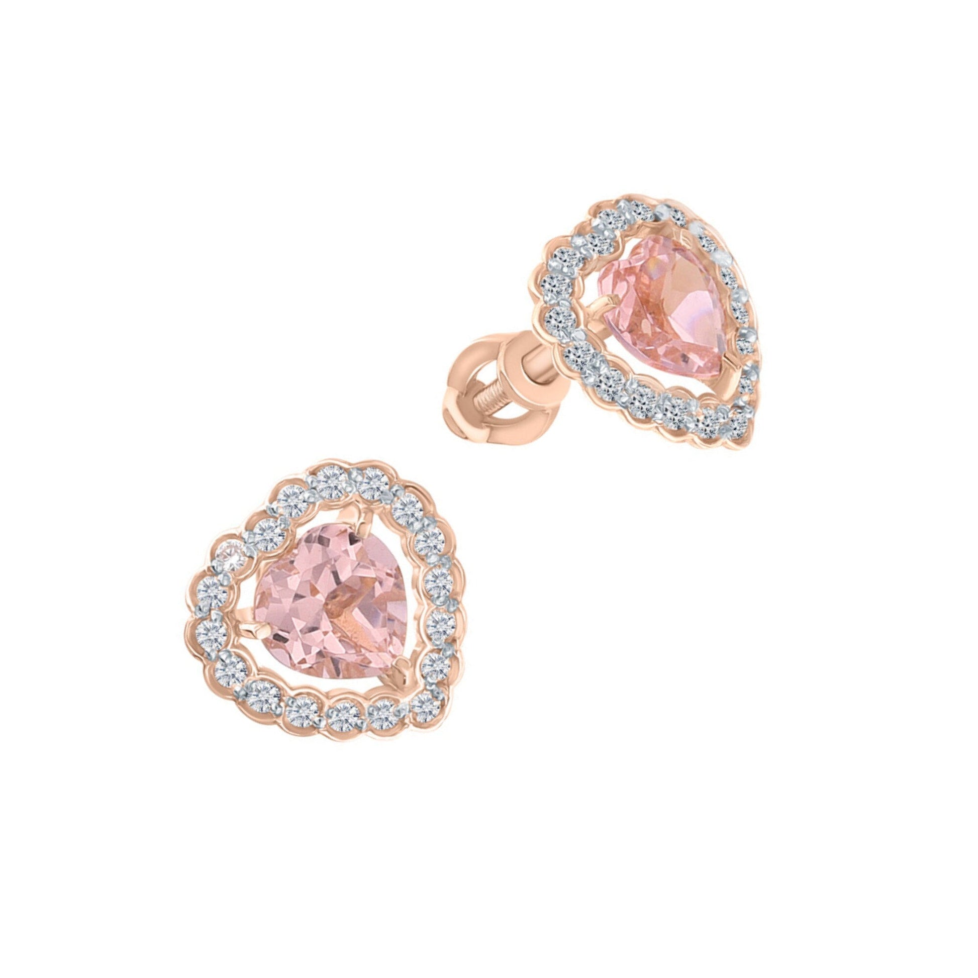 14k Gold Pink Morganite Earring Heart Morganite Halo Diamond Stud. Cushionblue