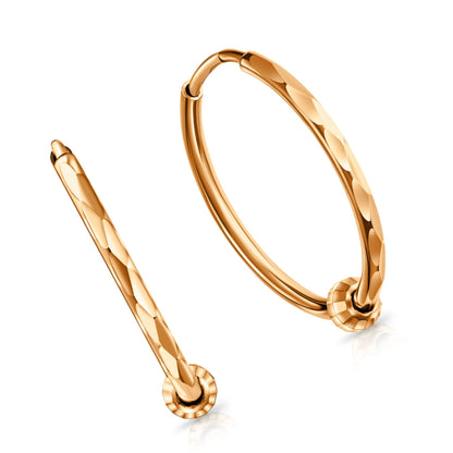 14k Rose Gold Beaded Round Hoop Earrings | Minimalist Textured Sleeper Hoops | Real Gold Fashion Jewelry Gift for Her. Cushionblue