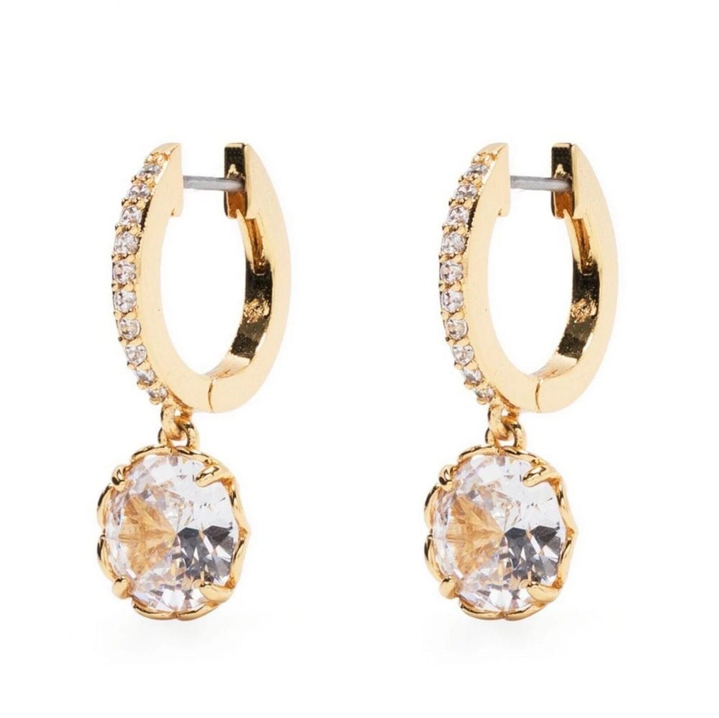 14K Gold Pave Huggie Earrings | Round Solitaire Drop Dangle Hoops | Handmade Solid Gold Jewelry Gift for Her. Cushionblue