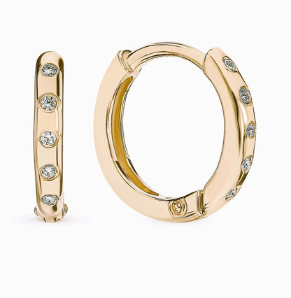 14K Gold Bezel Diamond Huggie Hoop Earrings | Dainty Geometric Circle Hoops | Tiny Hinged Earrings, Minimalist Solid Gold Gift for Her. Cushionblue