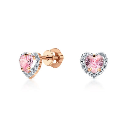 14K Gold Heart Stud Earrings Heart Pink Halo Diamond Earrings. Cushionblue
