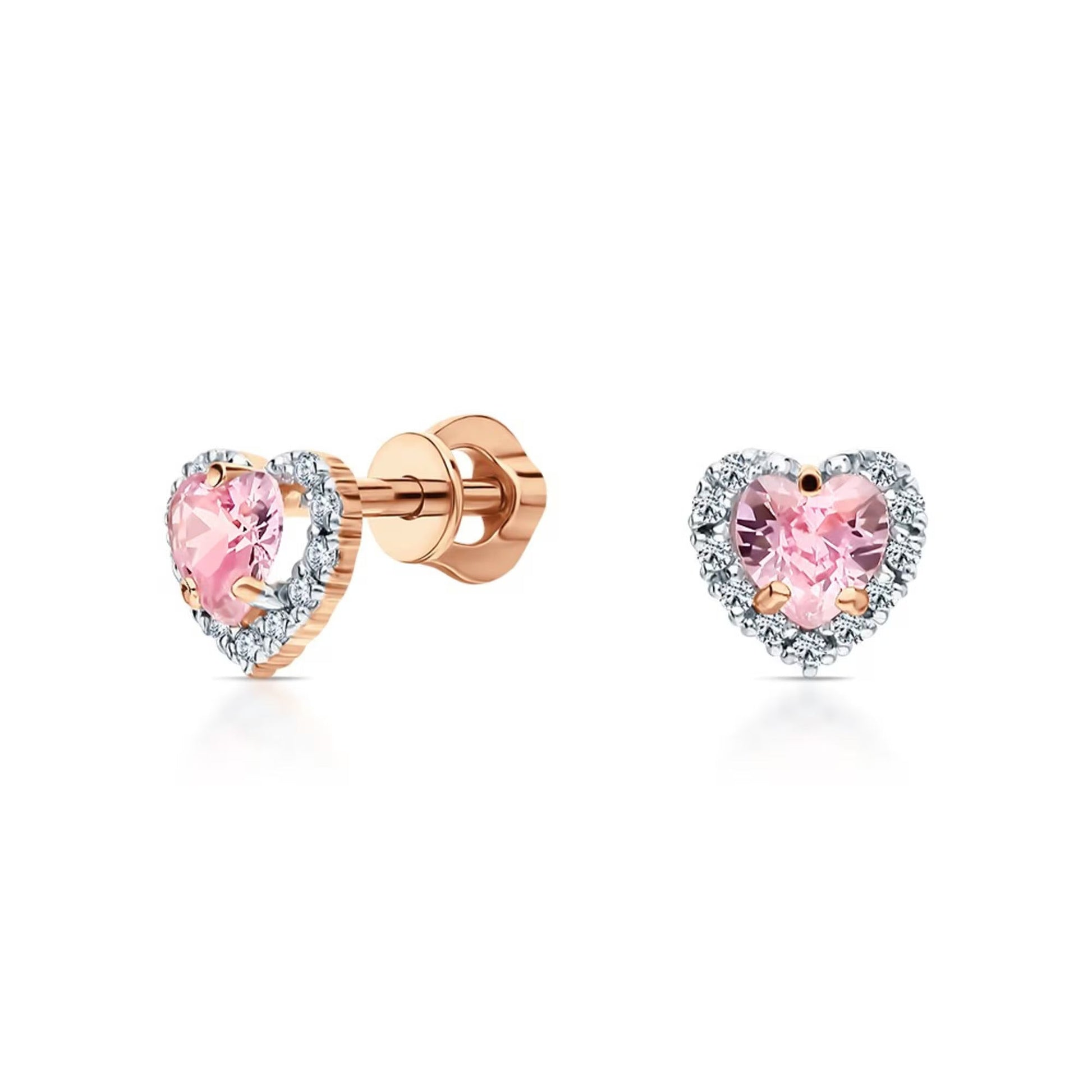 14K Gold Heart Stud Earrings Heart Pink Halo Diamond Earrings. Cushionblue