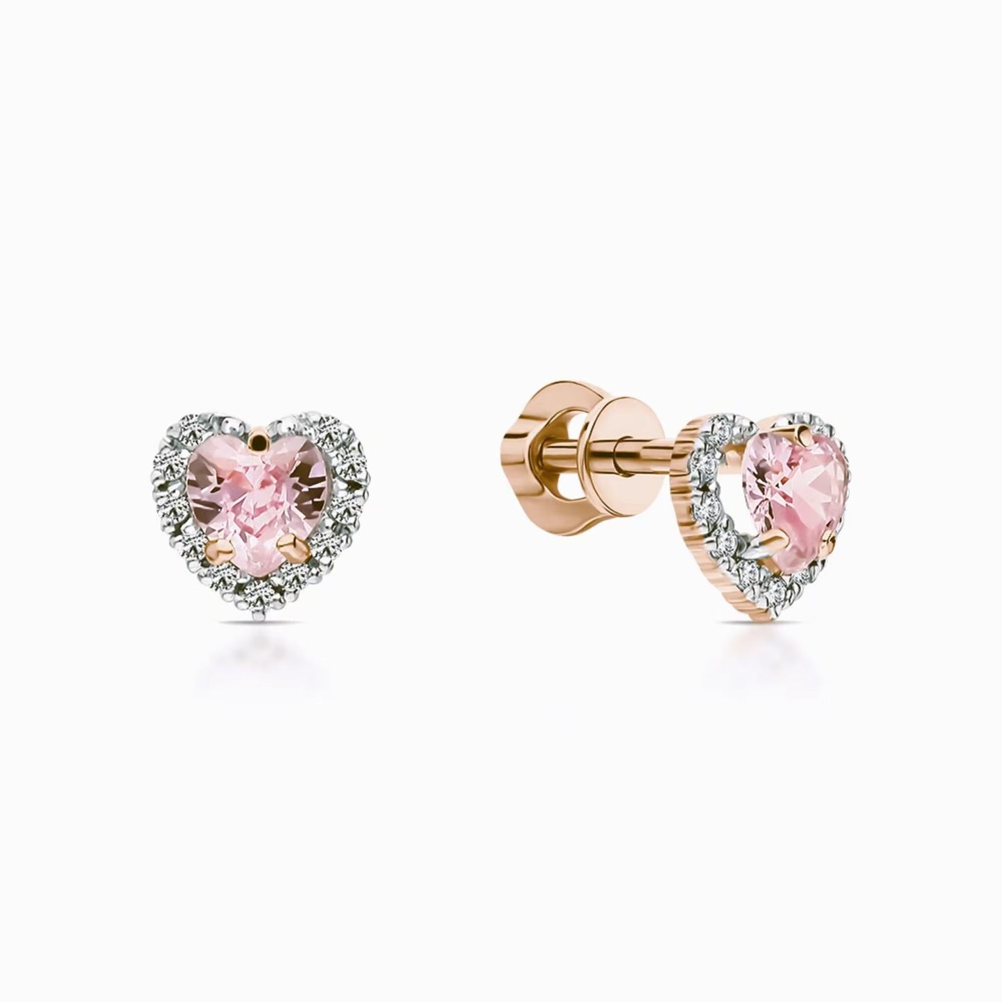 14K Gold Heart Stud Earrings Heart Pink Halo Diamond Earrings. Cushionblue