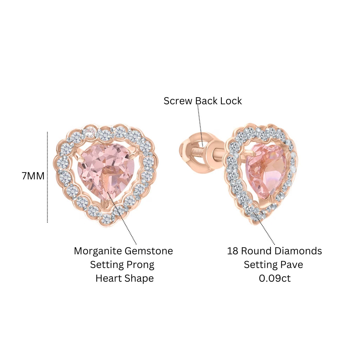 14k Gold Pink Morganite Earring Heart Morganite Halo Diamond Stud. Cushionblue