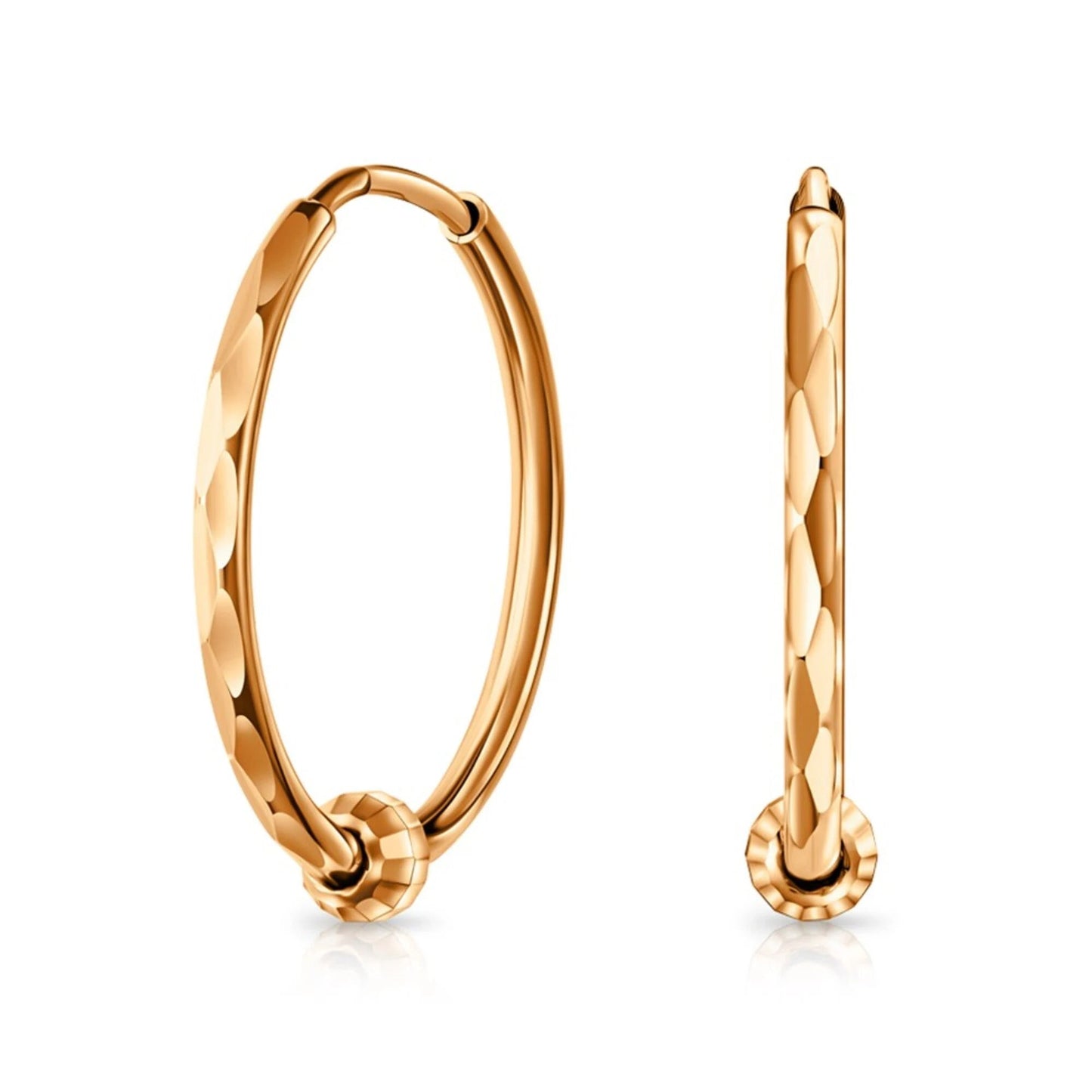 14k Rose Gold Beaded Round Hoop Earrings | Minimalist Textured Sleeper Hoops | Real Gold Fashion Jewelry Gift for Her. Cushionblue