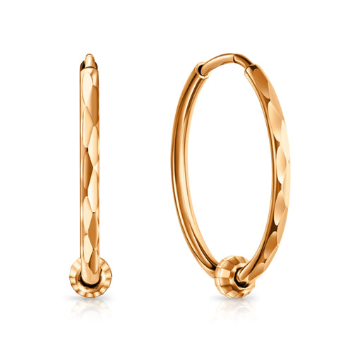 14k Rose Gold Beaded Round Hoop Earrings | Minimalist Textured Sleeper Hoops | Real Gold Fashion Jewelry Gift for Her. Cushionblue