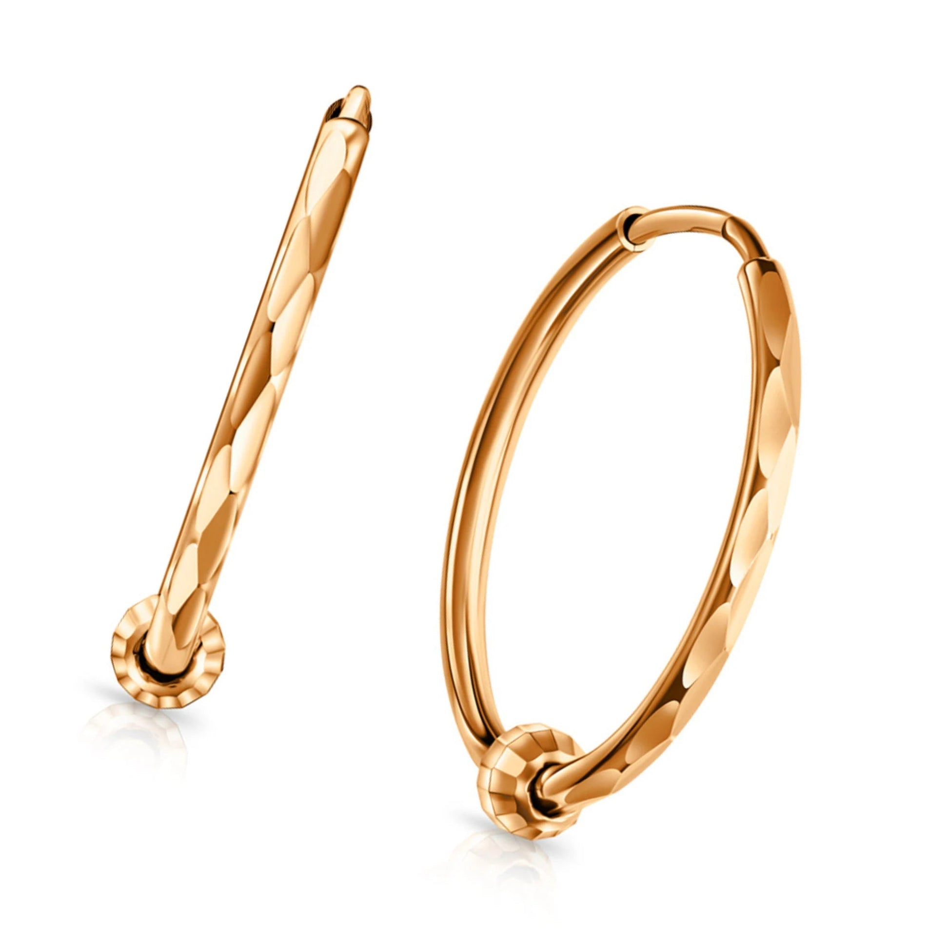 14k Rose Gold Beaded Round Hoop Earrings | Minimalist Textured Sleeper Hoops | Real Gold Fashion Jewelry Gift for Her. Cushionblue