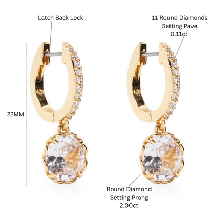 14K Gold Pave Huggie Earrings | Round Solitaire Drop Dangle Hoops | Handmade Solid Gold Jewelry Gift for Her. Cushionblue