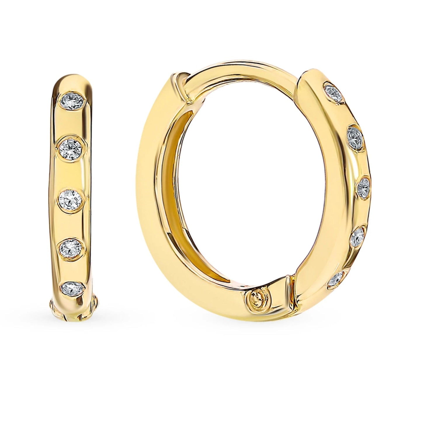 14K Gold Bezel Diamond Huggie Hoop Earrings | Dainty Geometric Circle Hoops | Tiny Hinged Earrings, Minimalist Solid Gold Gift for Her. Cushionblue