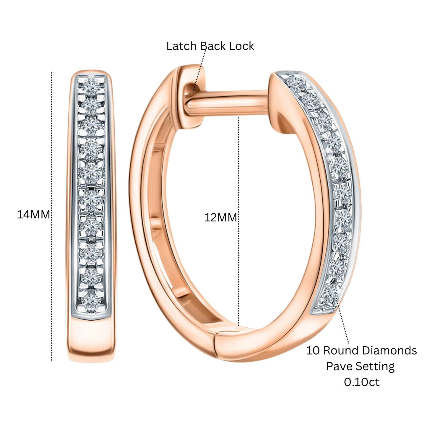 14k Gold 14mm Diamond Huggie Hoop Earring | Half Pave Diamond Hoop | Minimalist Gold Earring Gift for Women. Cushionblue