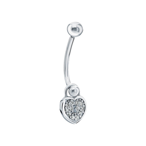 14k White Gold Heart Lock Belly Ring | Pave Diamond Keyhole Navel Jewelry | Fashion Belly Button Piercing | Dainty Body Jewelry for Women. Cushionblue