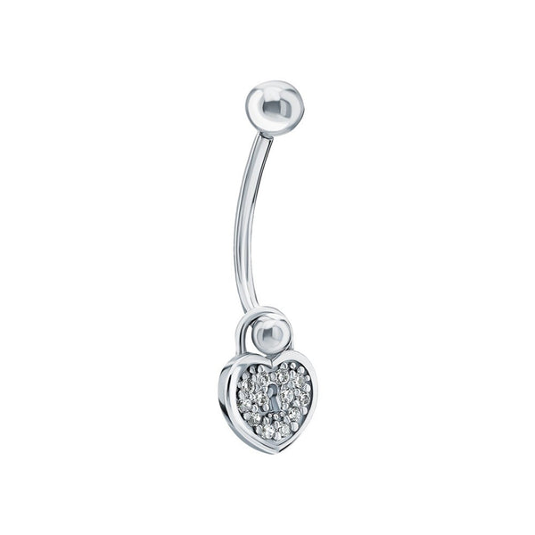 14k White Gold Heart Lock Belly Ring | Pave Diamond Keyhole Navel Jewelry | Fashion Belly Button Piercing | Dainty Body Jewelry for Women. Cushionblue