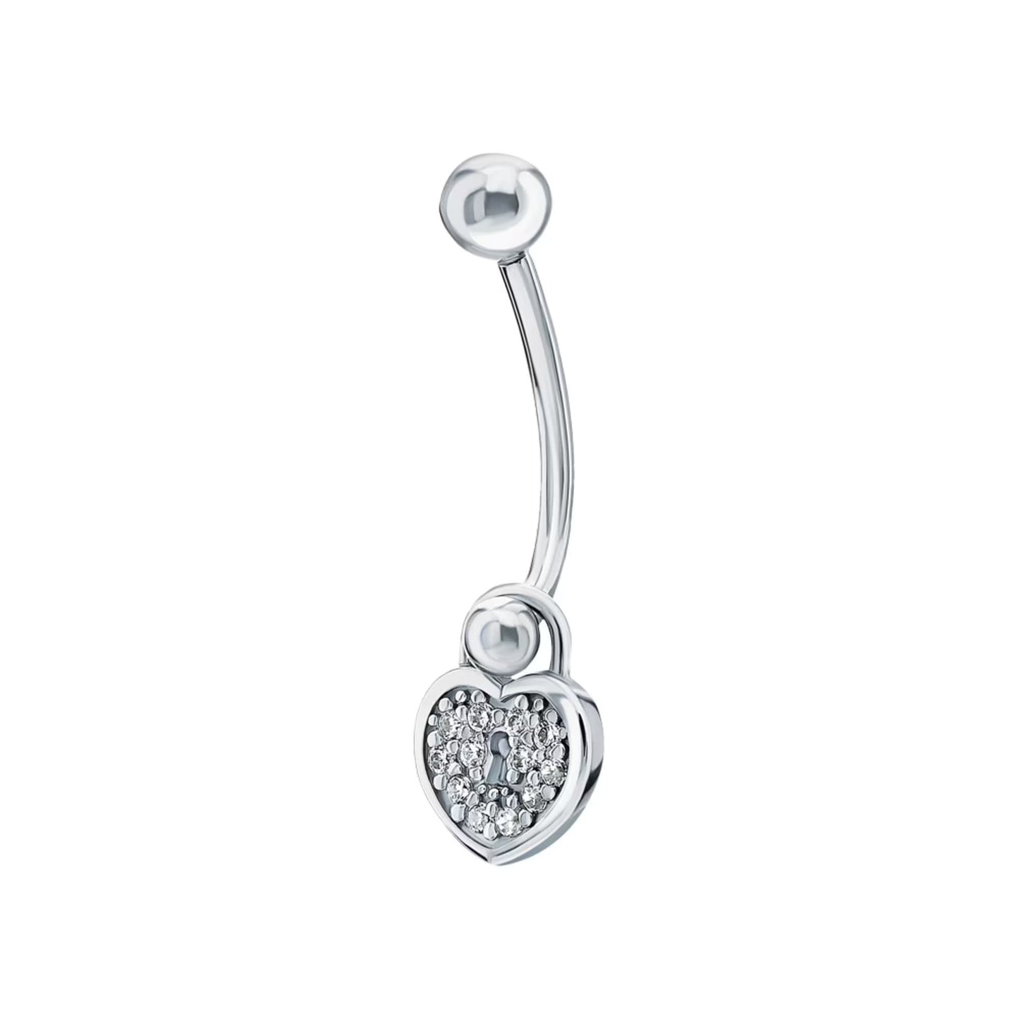 14k White Gold Heart Lock Belly Ring | Pave Diamond Keyhole Navel Jewelry | Fashion Belly Button Piercing | Dainty Body Jewelry for Women. Cushionblue