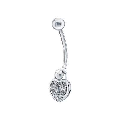 14k White Gold Heart Lock Belly Ring | Pave Diamond Keyhole Navel Jewelry | Fashion Belly Button Piercing | Dainty Body Jewelry for Women. Cushionblue