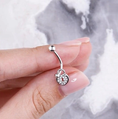 14k White Gold Heart Lock Belly Ring | Pave Diamond Keyhole Navel Jewelry | Fashion Belly Button Piercing | Dainty Body Jewelry for Women. Cushionblue