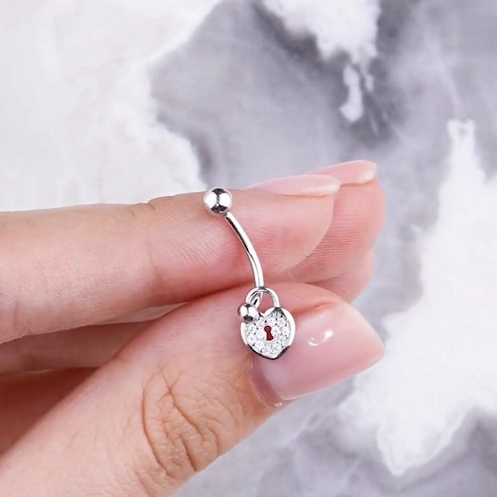 14k White Gold Heart Lock Belly Ring | Pave Diamond Keyhole Navel Jewelry | Fashion Belly Button Piercing | Dainty Body Jewelry for Women. Cushionblue