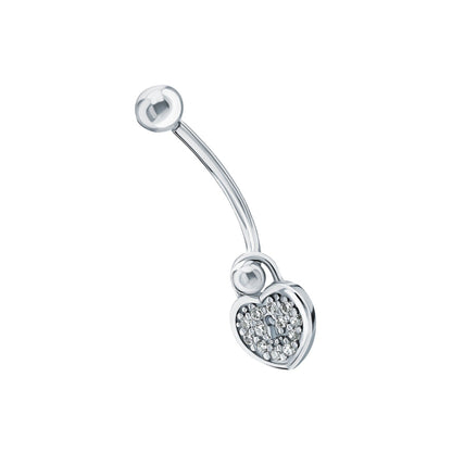 14k White Gold Heart Lock Belly Ring | Pave Diamond Keyhole Navel Jewelry | Fashion Belly Button Piercing | Dainty Body Jewelry for Women. Cushionblue