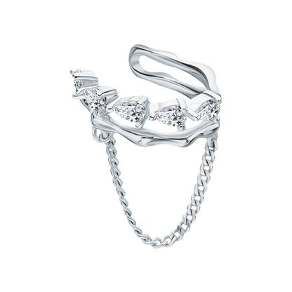 14k Gold Pear Diamond Chain Ear Cuff Earring, Dangling Chain Double Wrap Cuff. Cushionblue