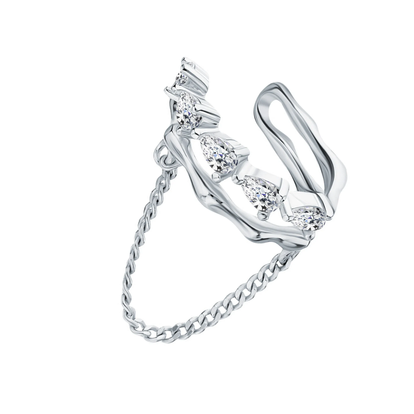 14k Gold Pear Diamond Chain Ear Cuff Earring, Dangling Chain Double Wrap Cuff. Cushionblue