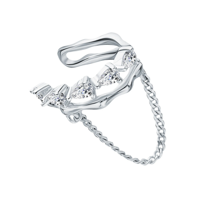 14k Gold Pear Diamond Chain Ear Cuff Earring, Dangling Chain Double Wrap Cuff. Cushionblue