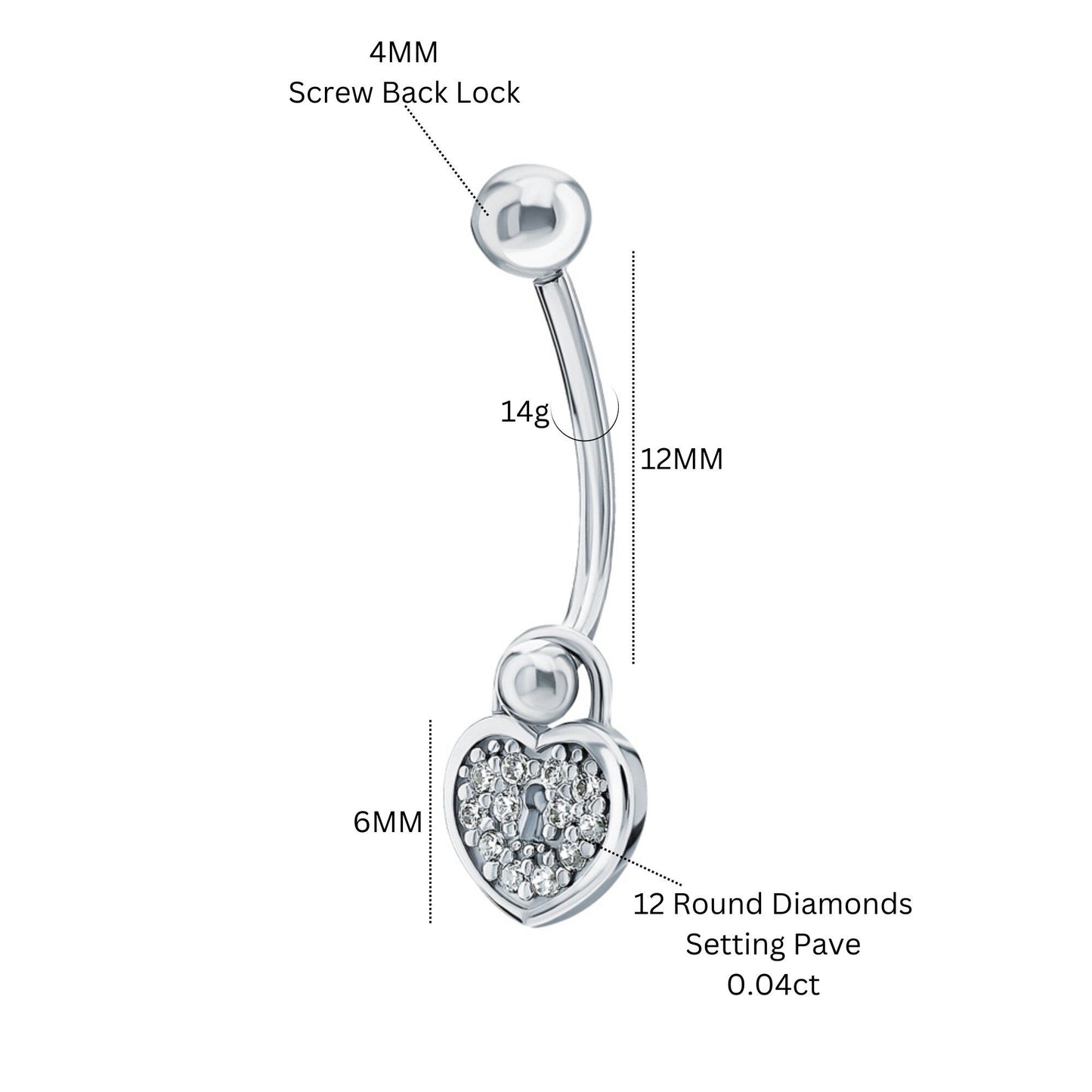 14k White Gold Heart Lock Belly Ring | Pave Diamond Keyhole Navel Jewelry | Fashion Belly Button Piercing | Dainty Body Jewelry for Women. Cushionblue