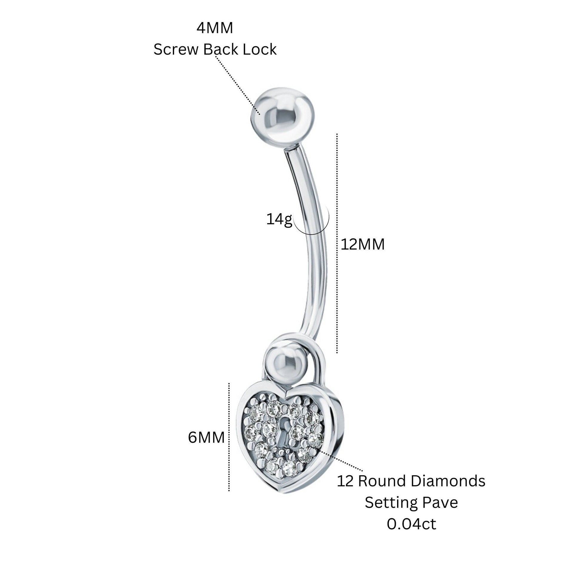 14k White Gold Heart Lock Belly Ring | Pave Diamond Keyhole Navel Jewelry | Fashion Belly Button Piercing | Dainty Body Jewelry for Women. Cushionblue