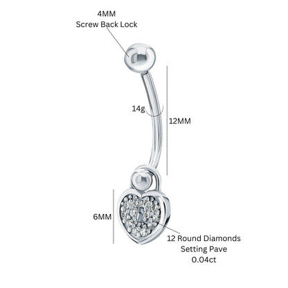 14k White Gold Heart Lock Belly Ring | Pave Diamond Keyhole Navel Jewelry | Fashion Belly Button Piercing | Dainty Body Jewelry for Women. Cushionblue