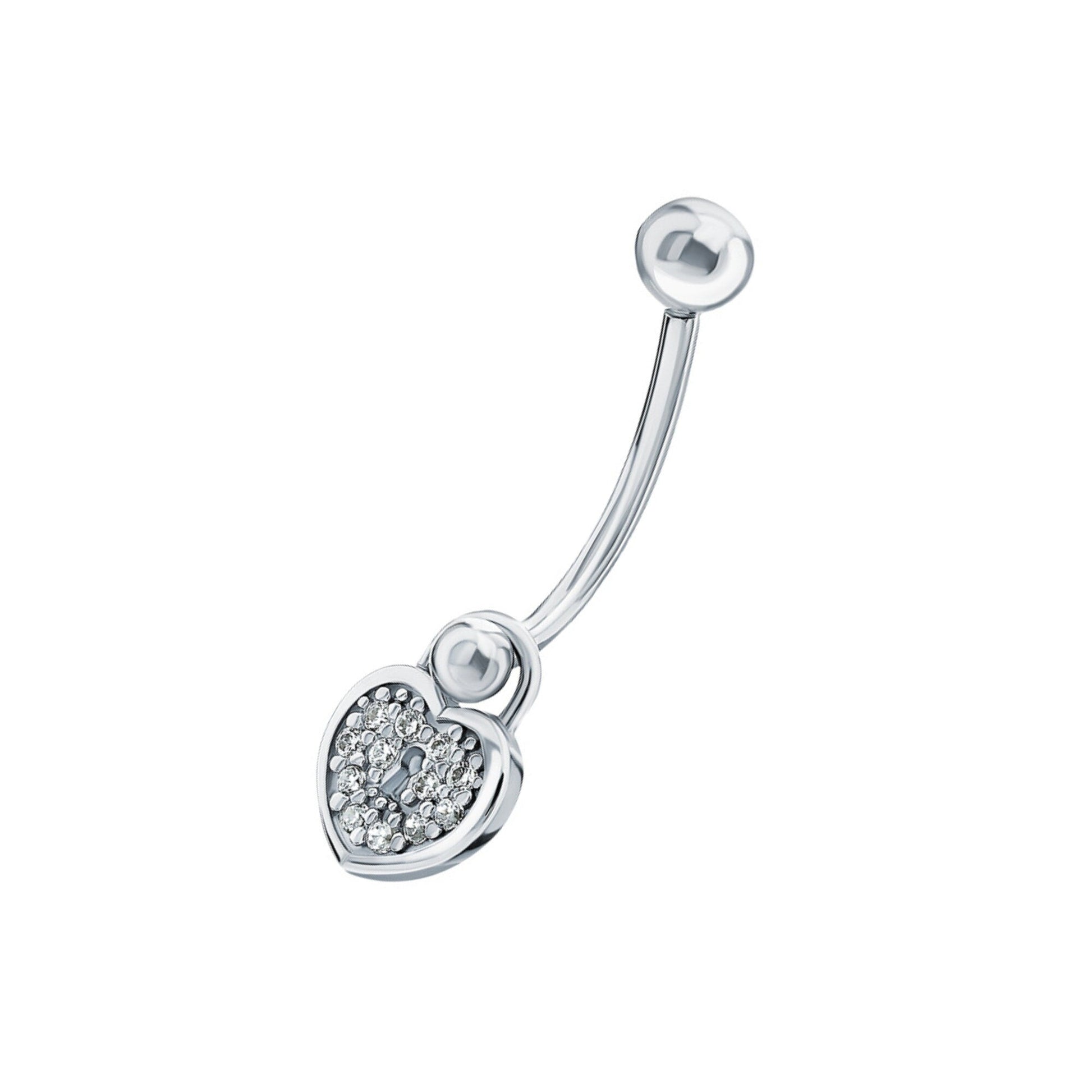 14k White Gold Heart Lock Belly Ring | Pave Diamond Keyhole Navel Jewelry | Fashion Belly Button Piercing | Dainty Body Jewelry for Women. Cushionblue