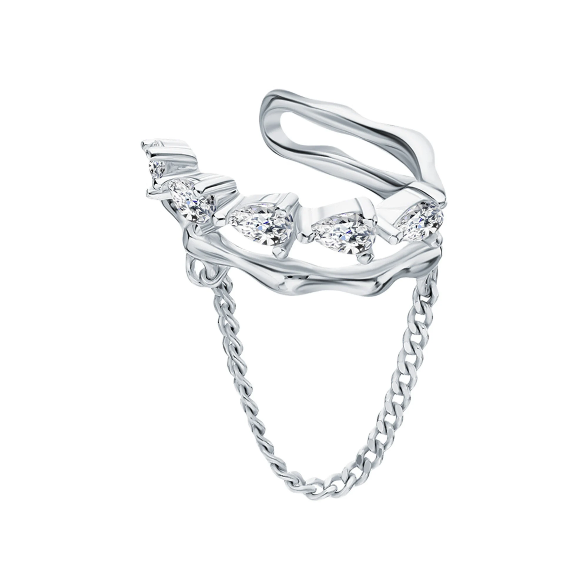 14k Gold Pear Diamond Chain Ear Cuff Earring, Dangling Chain Double Wrap Cuff. Cushionblue