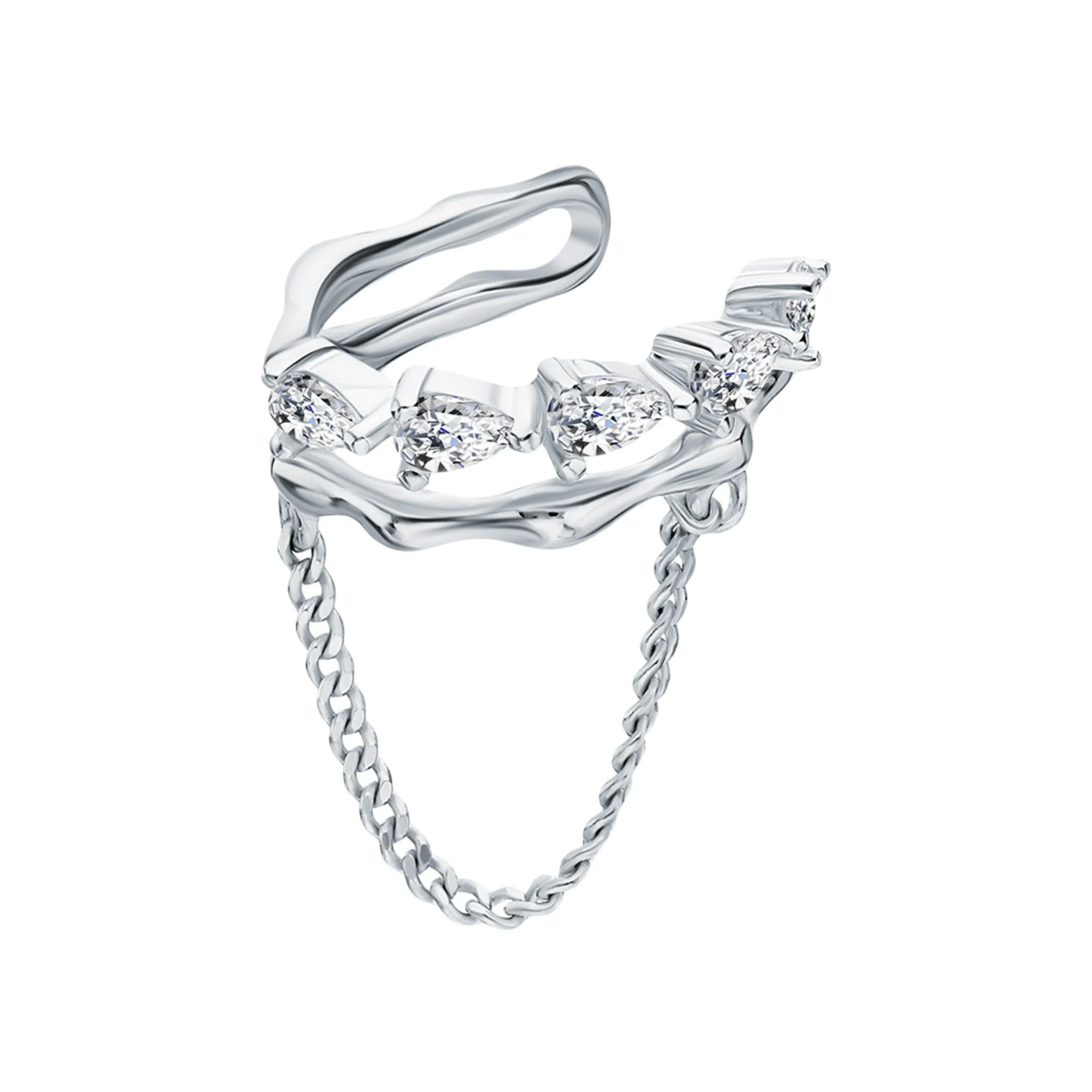 14k Gold Pear Diamond Chain Ear Cuff Earring, Dangling Chain Double Wrap Cuff. Cushionblue